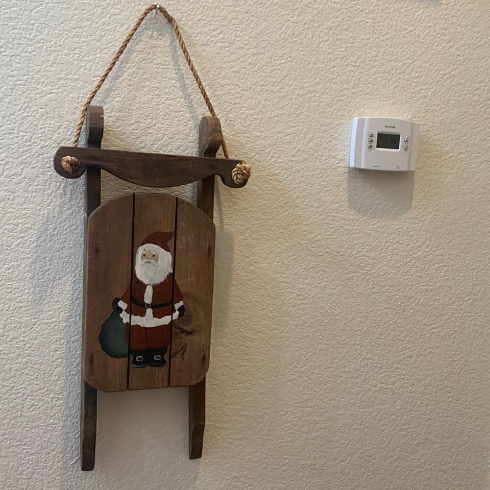 Santa And Gift Bag Christmas Holiday Wooden Rope Hanging Sleigh By B Builor Used